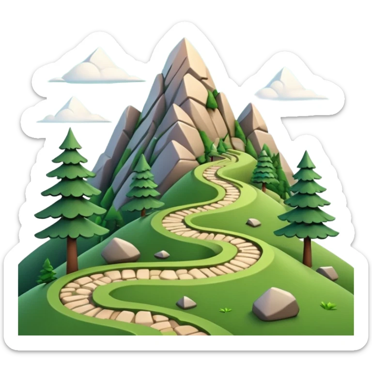 A 3D cartoon mountain trail winding up green slopes with stones and pine trees, distant peaks in background, warm daylight, Memoji-style.A 3D cartoon coiled climbing rope with a carabiner, golden color, resting on a rocky surface, realistic soft shadows, Memoji-style rendering. sticker