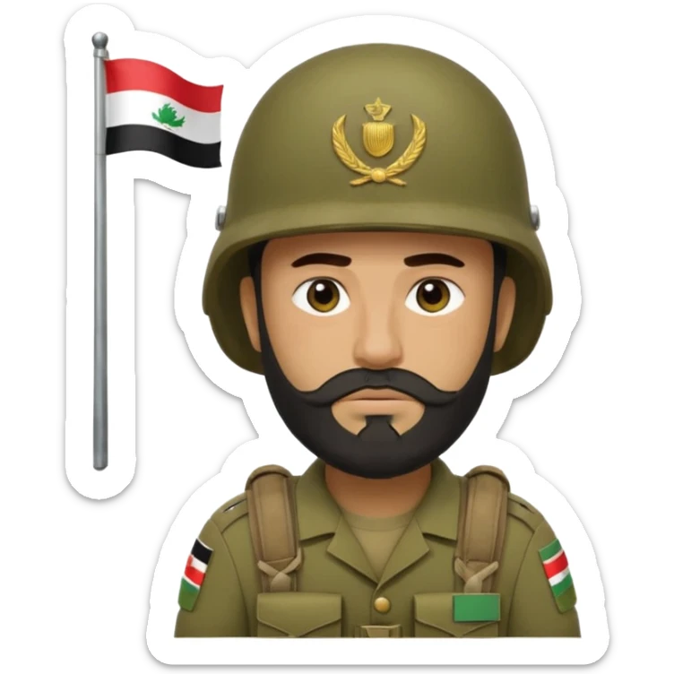 A tired, swarthy Iraqi soldier with a beard, an Iraqi flag on his helmet, a sad expression and bags under his eyes sticker