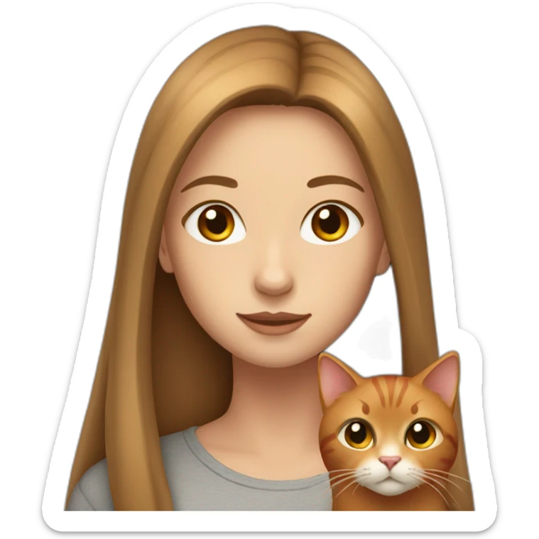 a girl with long, straight light brown hair, gray eyes and red cat sticker