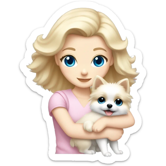 Blond girl white skin blue eyes hugging white Pomeranian with light pink bow sticker