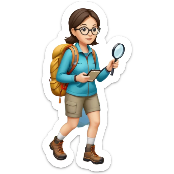 Woman in her 40s with glasses wearing sporty outfit, hiking boots, and backpack, holding a magnifying glass and looking curious sticker
