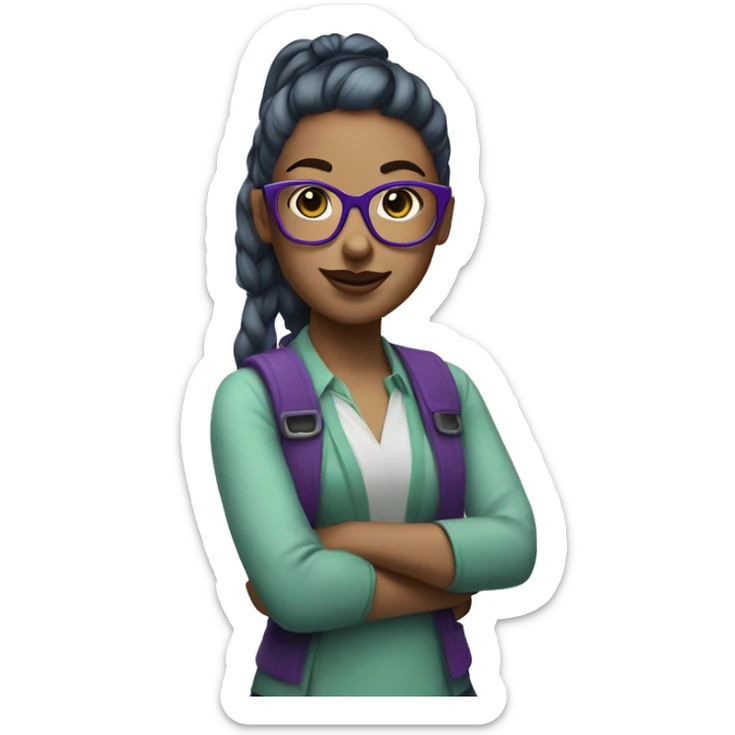 Nerd emoji, female, with green ponytail and purple glasses and blue eyes and pink lipstick sticker