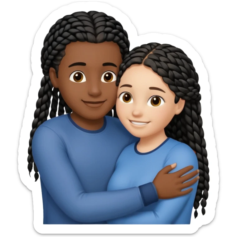 Dark black girl with black braids and tan white boy with curvy straight brown hair, they are hugging and smiling, and touching each other with their hands sticker