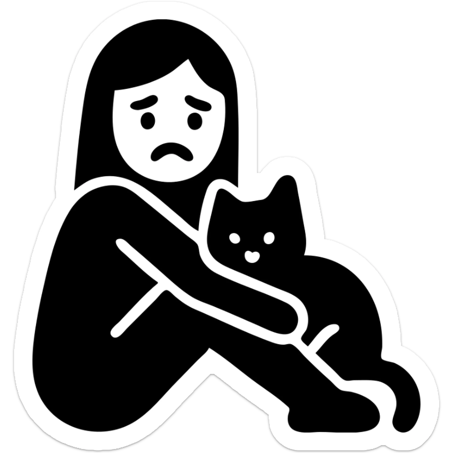 a sad brunette woman with straight hair sitting on the floor, holding a ginger cat in her lap sticker