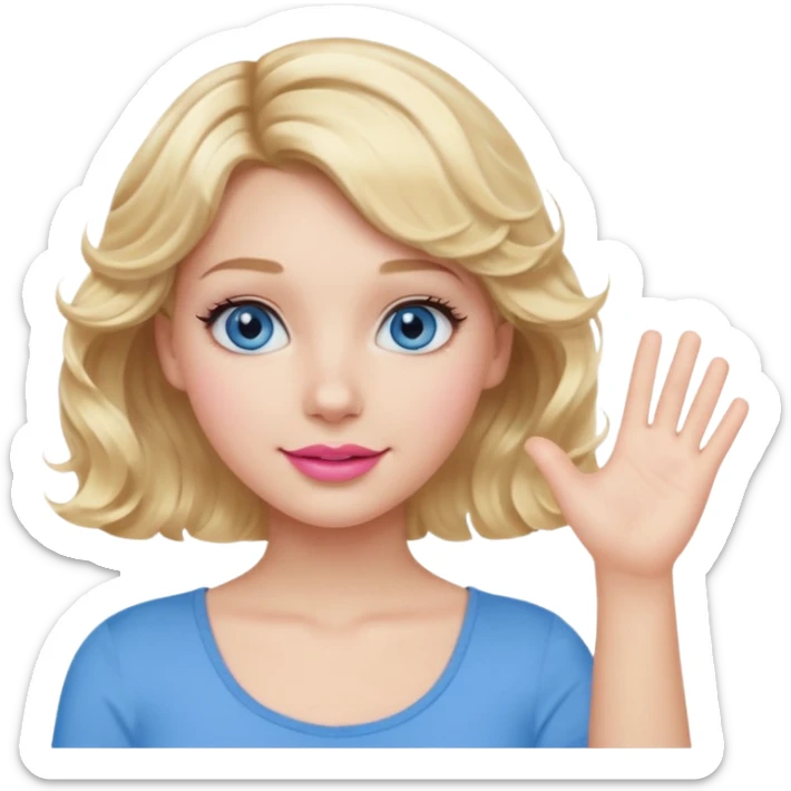 Girl Blonde short wavy hair,  blue eyes, cute blue top, long lashes, pink lips, waving hello  sticker