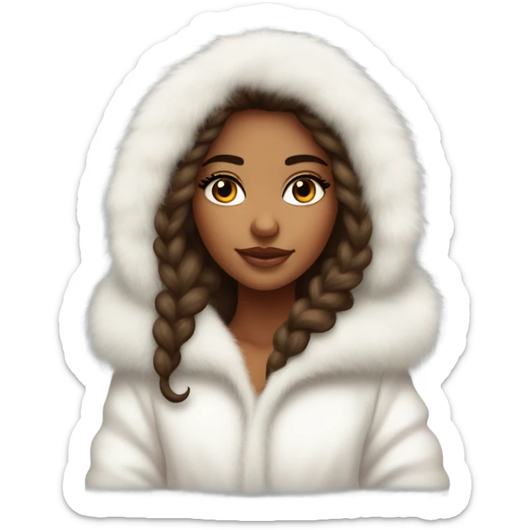Tanned Girl with lashes ,  in an extremely big fluffy oversized white fur coat with hood on. The fur is real and it’s very obvious big and fluffy like in Pinterest  sticker