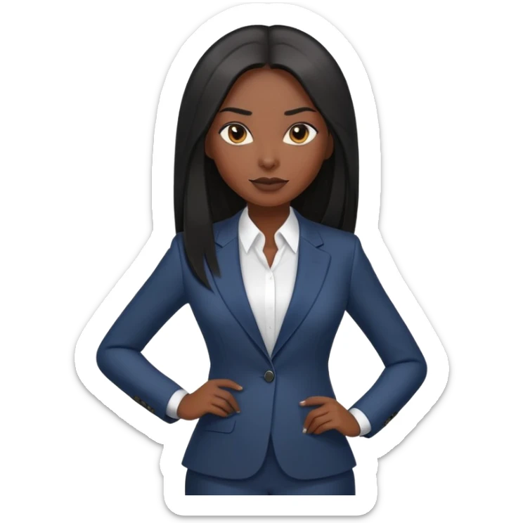 Confident African businesswoman with straight long black hair, sleek professional look, wearing power suit sticker