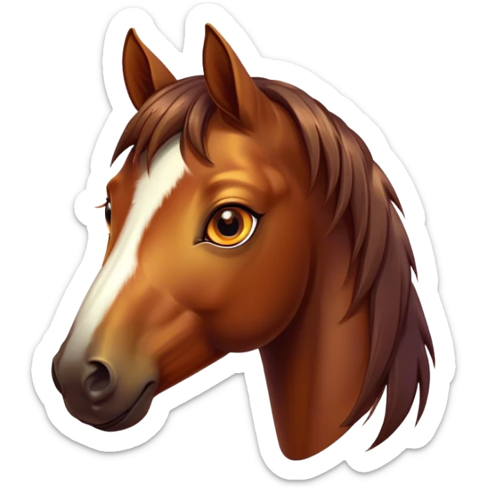 Cinematic Cute Bay Horse Portrait Emoji, Head tilted playfully and inquisitively, showcasing a glossy bay fur with a vibrant sheen and expressive amber eyes filled with curiosity, Simplified yet irresistibly adorable features, highly detailed, glowing with a warm, friendly glow, high shine, affectionate and spirited, stylized with a touch of whimsy, bright and endearing, soft glowing outline, capturing the essence of a mischievous yet loving horse, so playful it feels like it could prance out of the screen and into your arms! sticker