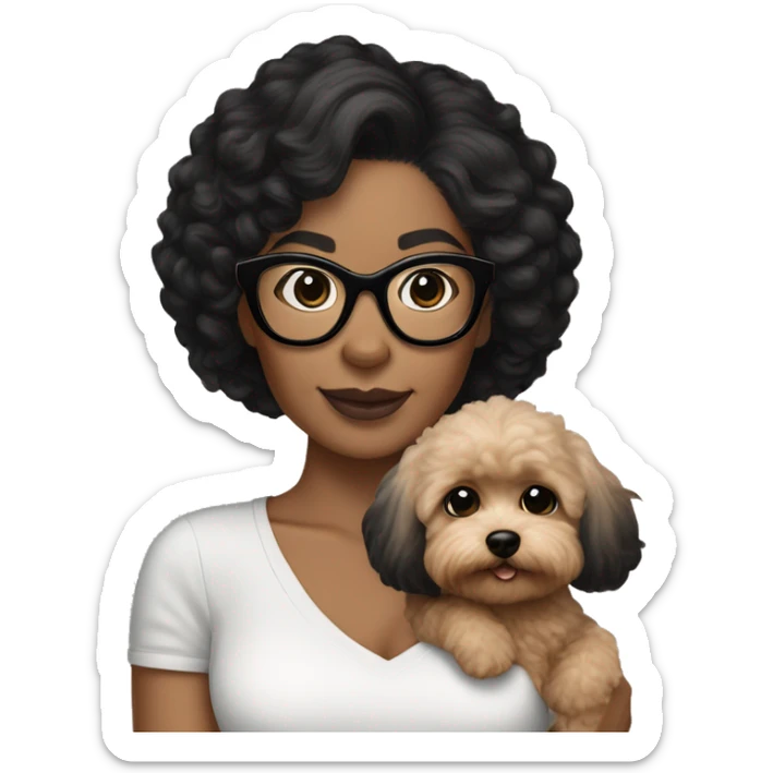 Tan skinned woman with black hair and black cat eye glasses  holding MaltiPoo dog sticker