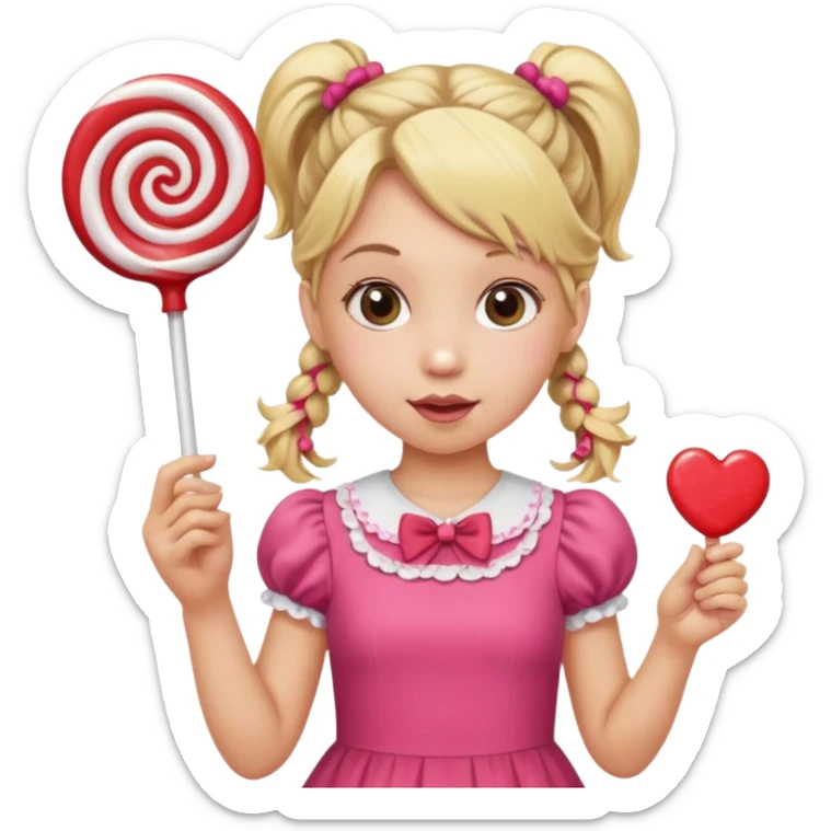 A girl with blond pigtails in a pink dress holding a lollipop sticker