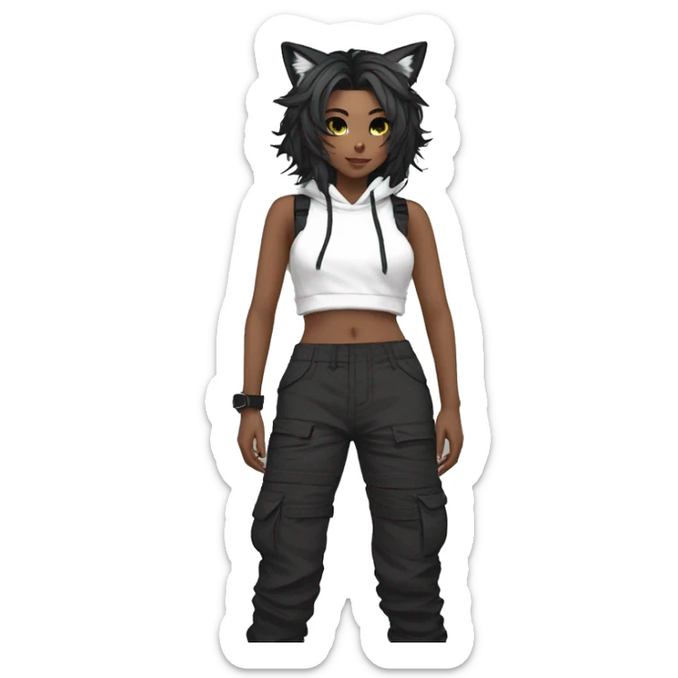 Edgy anthro beautiful pretty anime punk tomboy with cat ears techwear cargo pants hoodie sticker