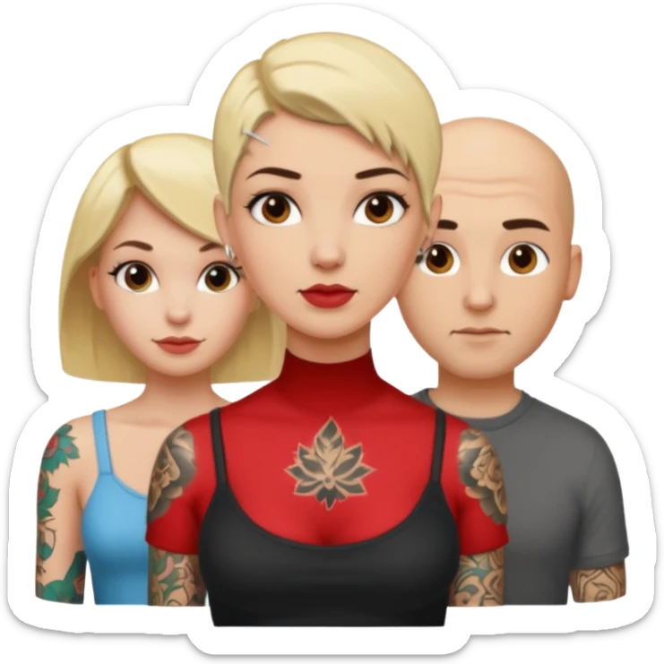 throuple blonde femaleand brunette female with bald tattooed male sticker
