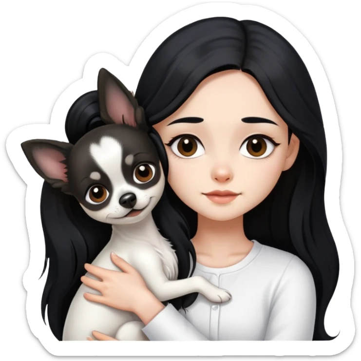 Fair skin girl - long black hair - white clothes - hugging a black long hair chihuahua sticker