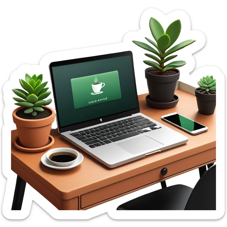 A tidy desk with a laptop, a steaming cup of coffee, and a small green potted plant, showing an organized and inspiring workspace sticker