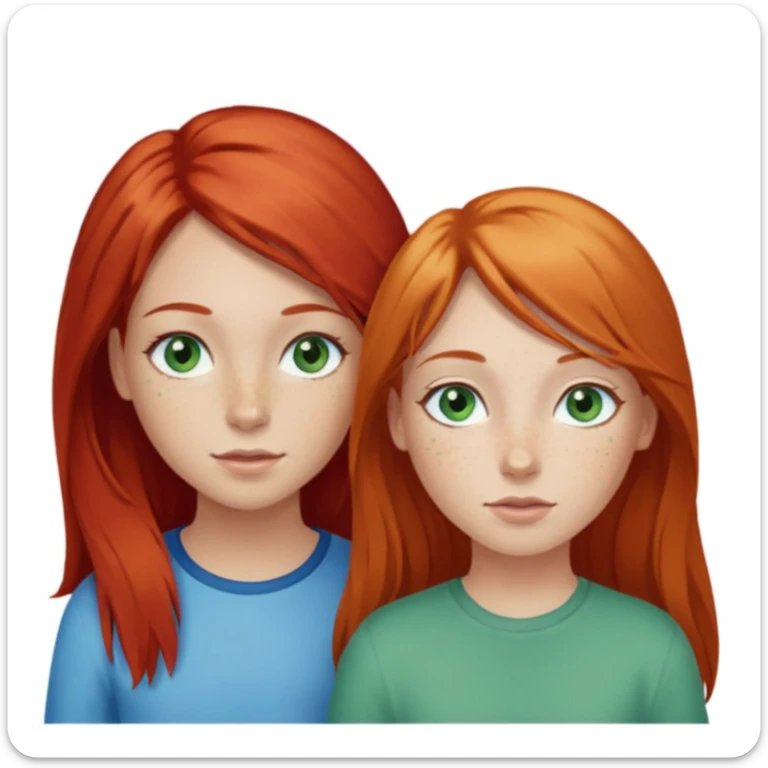 Deux filles celle à gauche à les cheveux roux et la peau claire avec des tâche de rousseur et les yeux bleu vert avec un peu de toutes les couleurs la fille à sa droite est un tout petit peu plus petite à les cheveux blonds long il les yeux verts sticker