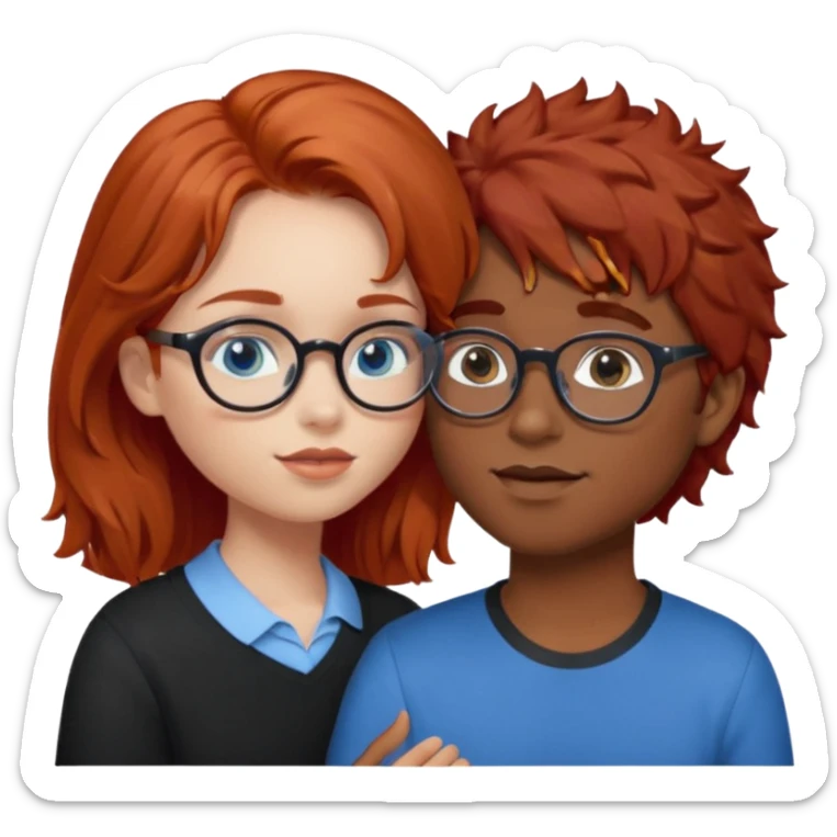 red hair girl with blue eyes kissing the boy with brown fluffy hair and glasses round and brown eyes sticker