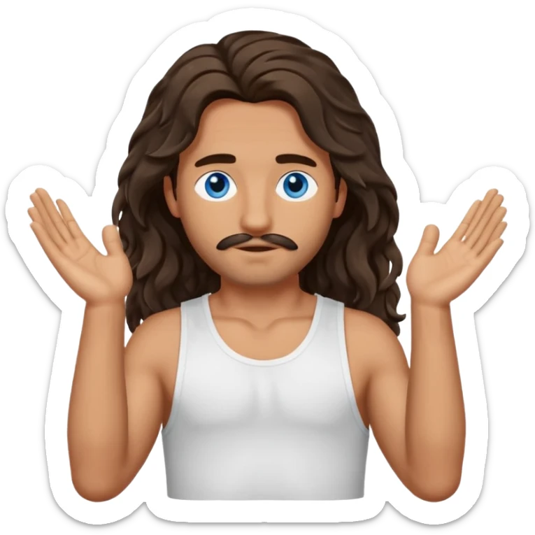 Men with olive skin, blue eyes, brown dark insanely wavy long hair, white camisole, left hand palm up crossing arms in front of face sticker