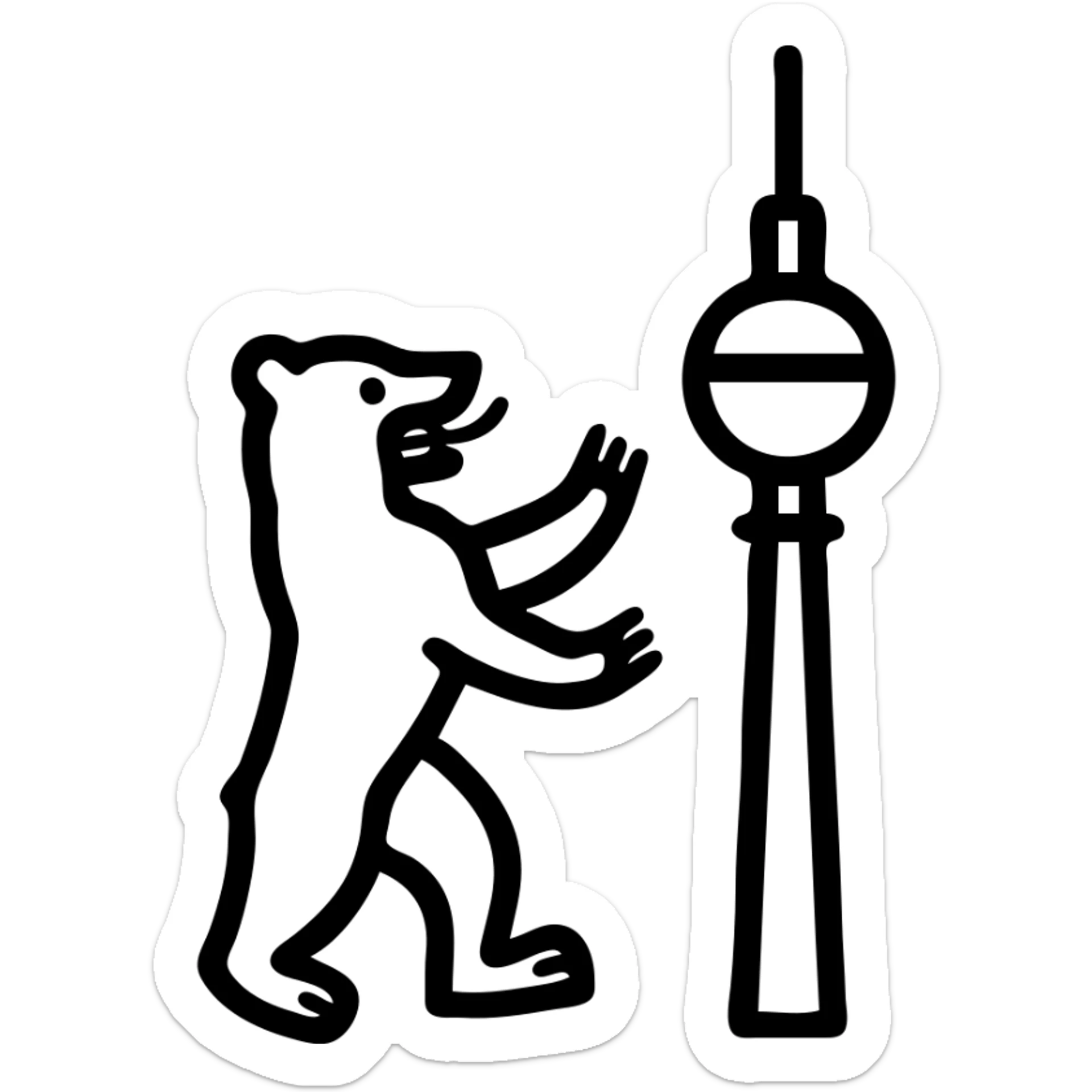 Icon of Berlin Bear for a mobile app, standing next to the Berlin TV Tower (Fernsehturm), modern flat style, no text, transparent background. sticker