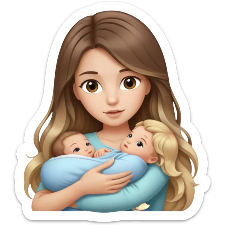 White girl with long voluminous brown hair with blonde highlights balayage holding newborn  sticker