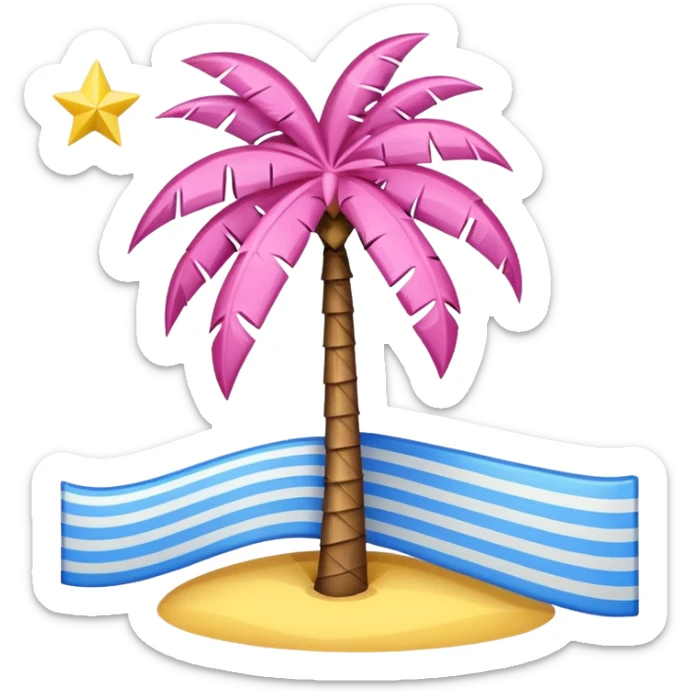 A pink flag on the sides two small blue triangles In the middle of the circle on the flag a small pink palm tree coming out of the sides  yellow circle with two thick yellow stripes sticker