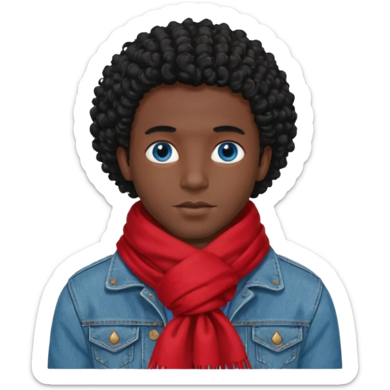 black skin man, curly black hair wear big red scraft, jean jacket sticker