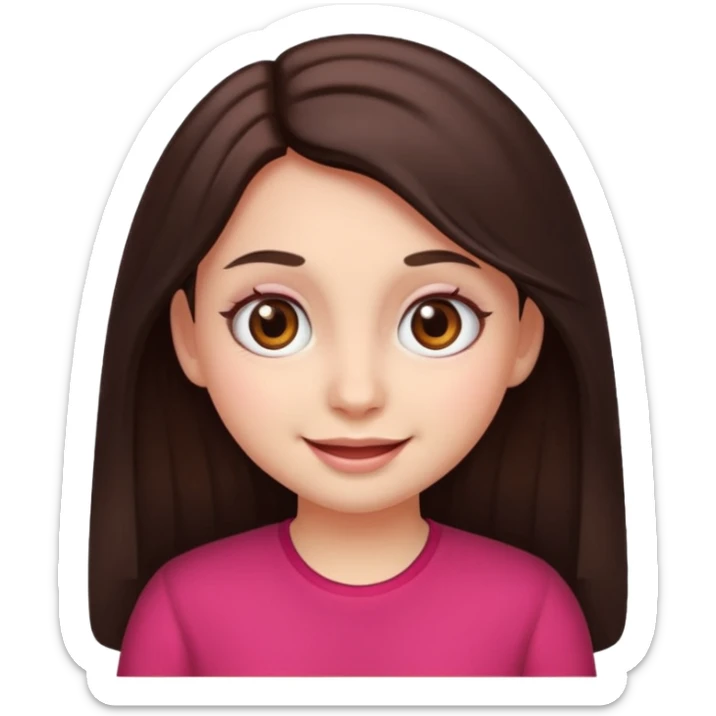 An emoji featuring a girl with dark brown long hair, brown big eyes, light pinkish skin, red cheeks,  sticker