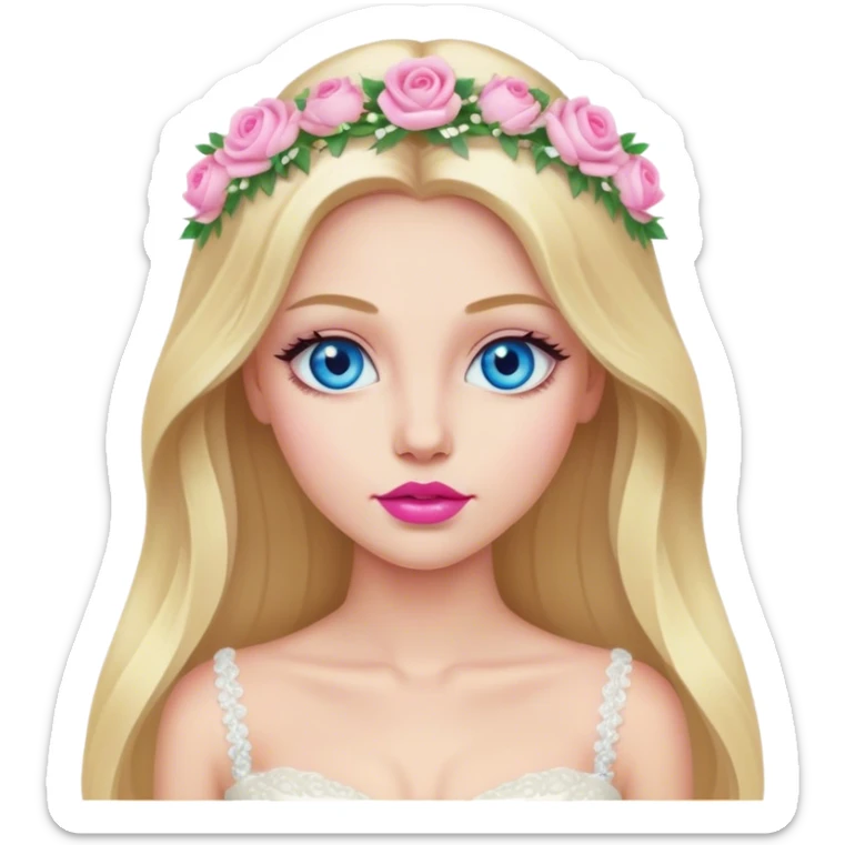 Cinematic realistic blonde with long hair, blue eyes and pink lips in a wedding dress sticker