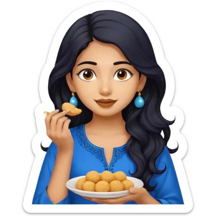 a pretty tan indian bratz girl with wavy long BLACK hair. eyeliner on, wearing a blue kurti, eating golgappa. NO SPOON sticker