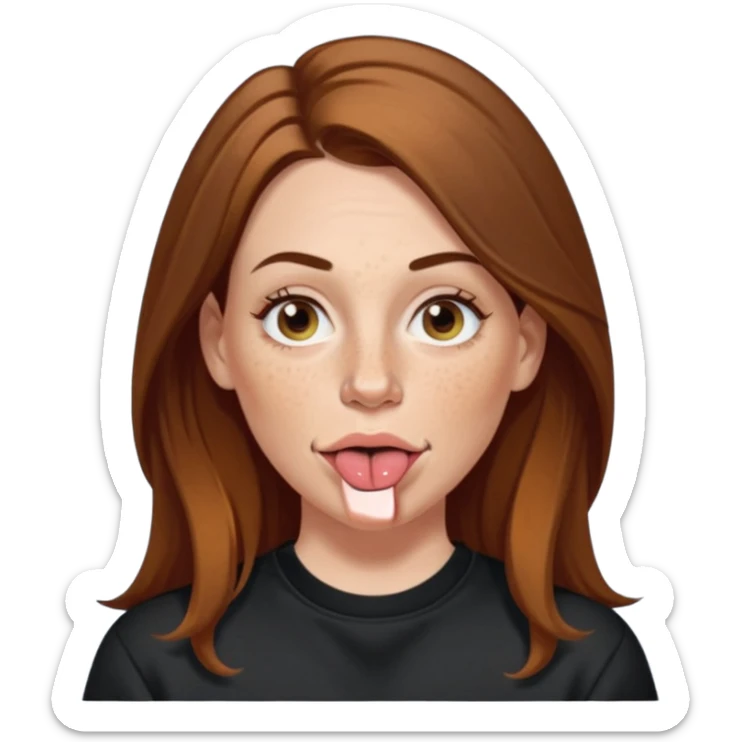 A 38 year old white woman with long brunette hair parted in the middle. She has her nose pierced. Her nose is medium sized. She has brown eyes. She has freckles and is wearing a black sweatshirt and is sticking out her tongue. sticker