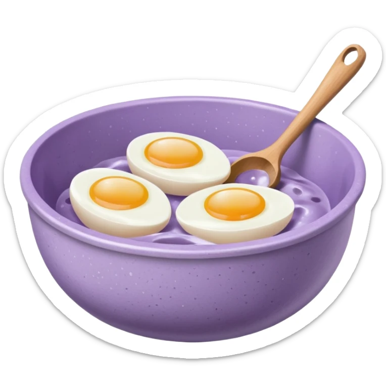 a lilac ceramic mixing bowl with a wooden spoon stirring and sitting next to it is a few eggs sticker