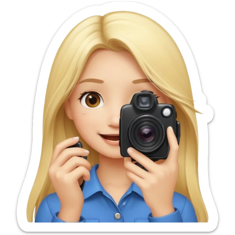 blonde girl photographer cartoon taking picture in middle of taking picture camera in front of face long hair smiling funny flash professional camer sticker
