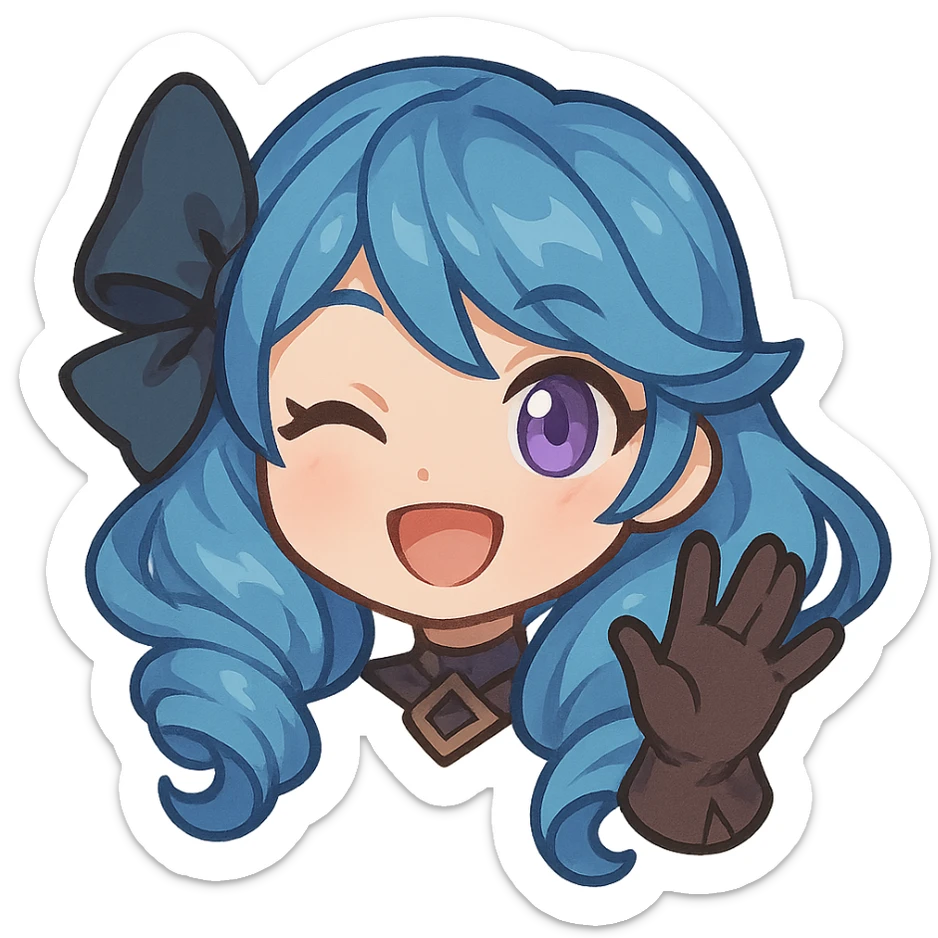 chibi style Gwen from League of Legends, only head, right eye purple, one hand waving with glove, smiling and energetic sticker