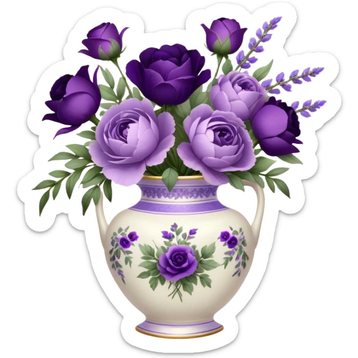 A dainty porcelain vase, hand-painted with delicate lavender pansies and deep purple roses, holds an elegant bouquet of amethyst-hued peonies, fragrant sprigs of wild lavender, and trailing silk ribbons, with a tiny heart-shaped charm dangling from its neck, swaying gently in the evening breeze.
 sticker
