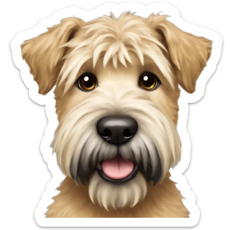Wheaten terrier with a fluffy puppy haircut and black ears and chin sticker