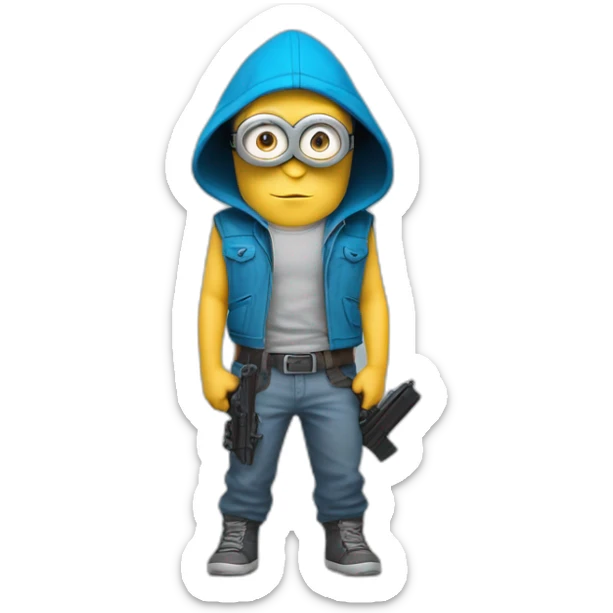 baby minion  in gray pants in a blue sleeveless shirt in a hood and with a collar with two pistols in both hands holds them on both sides raised sticker
