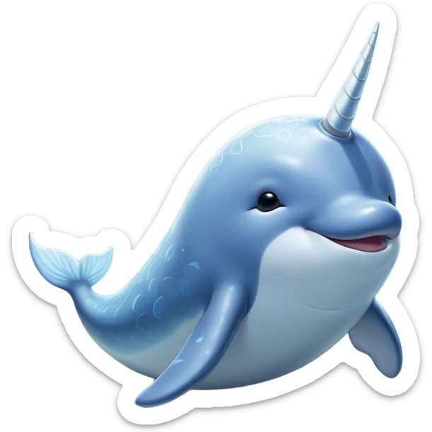 Beautiful and Majestic Cute Narwhal Portrait Emoji, Head and body rendered in serene repose with a gentle, radiant smile, showcasing a streamlined, graceful form adorned with a luminous spiraled tusk and peacefully closed eyes, Simplified yet exquisitely endearing features, highly detailed, glowing with a soft, majestic ocean light, high shine, serene and utterly enchanting, stylized with an air of magical marine splendor, soft glowing outline, capturing the essence of a beautiful and majestic cute narwhal that embodies the quiet wonder of the deep blue! sticker
