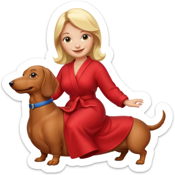A blonde curvy woman riding on top of a dachshund wearing a red robe sticker