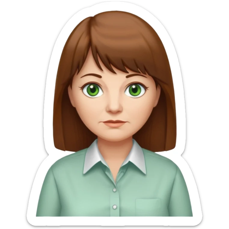 60 yr old woman, green eyes, long straight hair, business shirt, chubby, bangs sticker