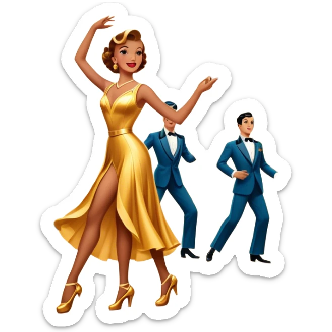 Vintage movie poster-style icon for a musical film. The cityscape glows in the background, evoking the golden era of musicals. A vibrant street scene with bright lights, dancers mid-step, a singer with a microphone. Transparent background. sticker