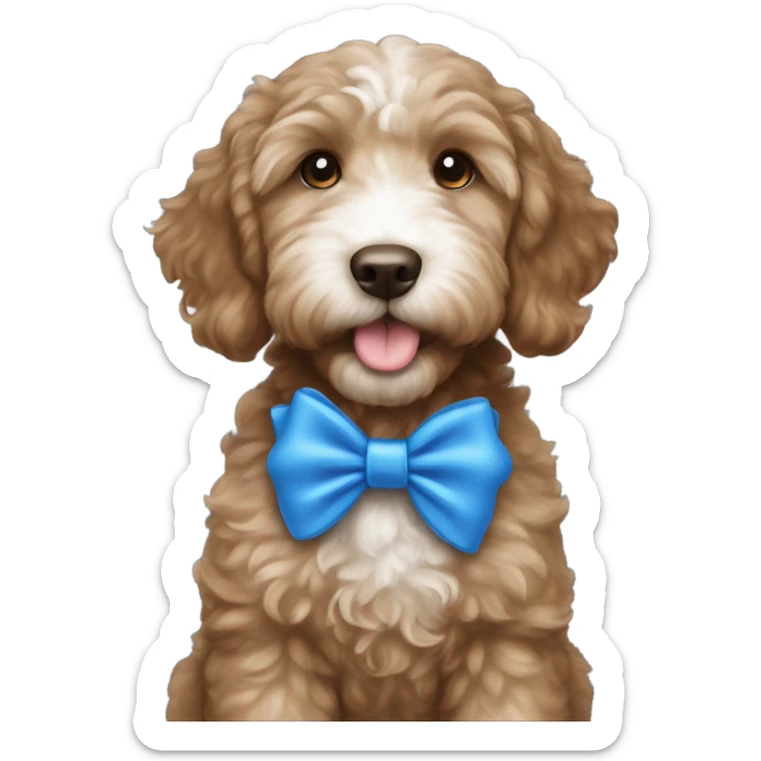dark brown goldendoodle puppy white nose and chest blue bow in ear  sticker