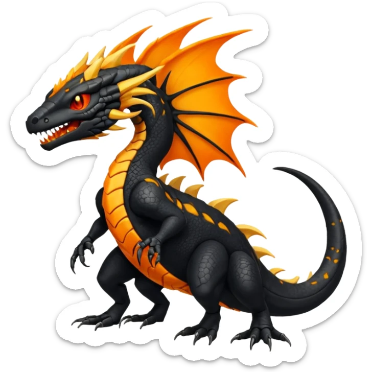Magmatic fiery badass cool obsidian-Black and golden-orange Helioptile-Amaura-Salandit-Fakémon-hybrid-creature (full body)  sticker