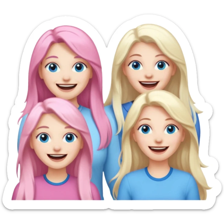four adult white women laughing and smiling.  Two have long dark brown hair.  One has long pale pink hair and blue eyes. one has with blue eyes and light blonde hair. sticker