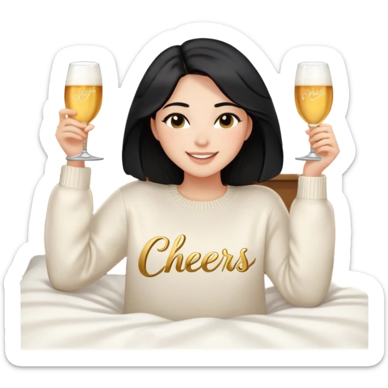 A woman with shoulder-length black hair, light to medium skin tone, full cheeks, and almond-shaped eyes, wearing a white sweater with the word 'cheers' in gold script, lying comfortably on a bed with soft lighting, joyful and radiant expression, no drinks. sticker