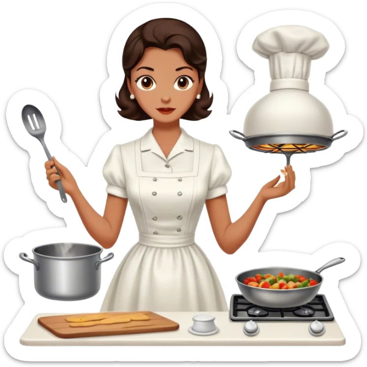 Beautiful woman in 1950’s woman fashion look, white dress, long dark brown hair, cooking sticker