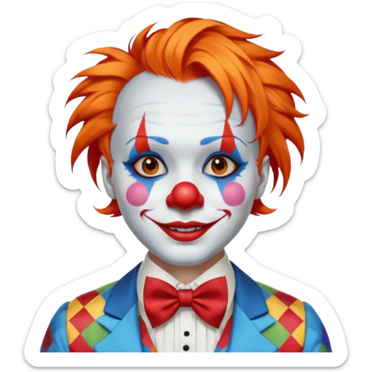 Orange hair styled in upward tufts.

White face paint, red nose, red lips, and thin black eyebrows.

Wearing a colorful patchwork clown suit with a big blue bow tie.

Happy, cheerful smile. sticker