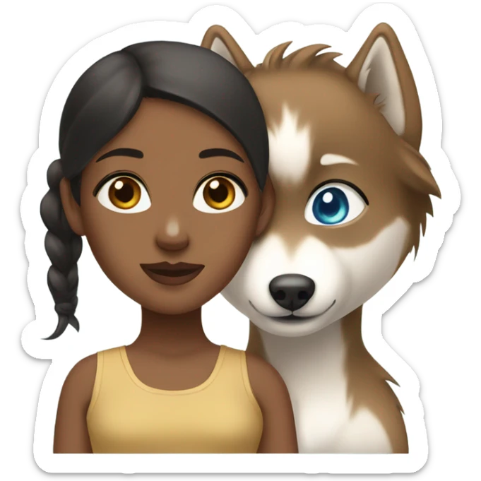 Brown girl with blue eyes next to a female Husky beige golden with green eyes sticker