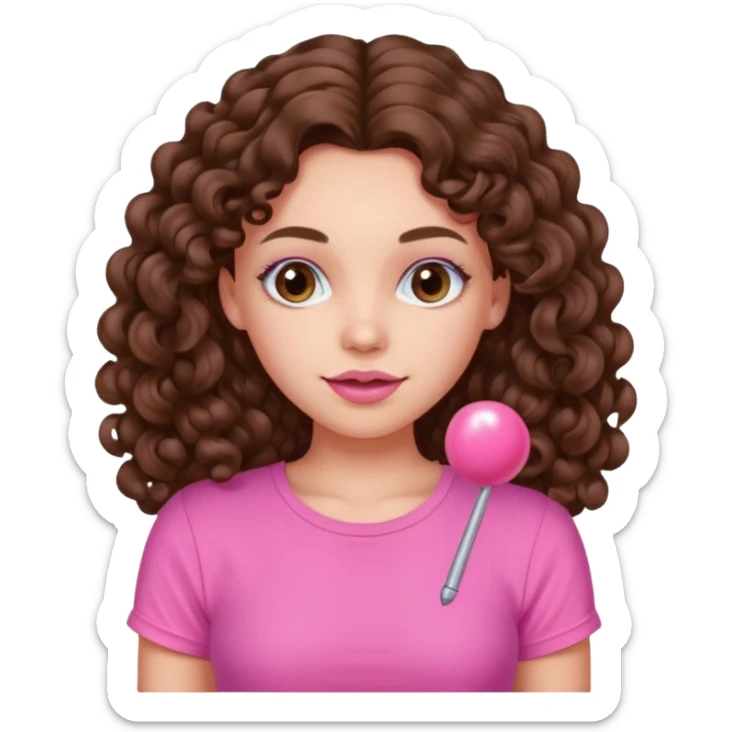 crée moi une jeune fille très belle avec les cheveux bouclés long brune avec un top rose bonbon  sticker
