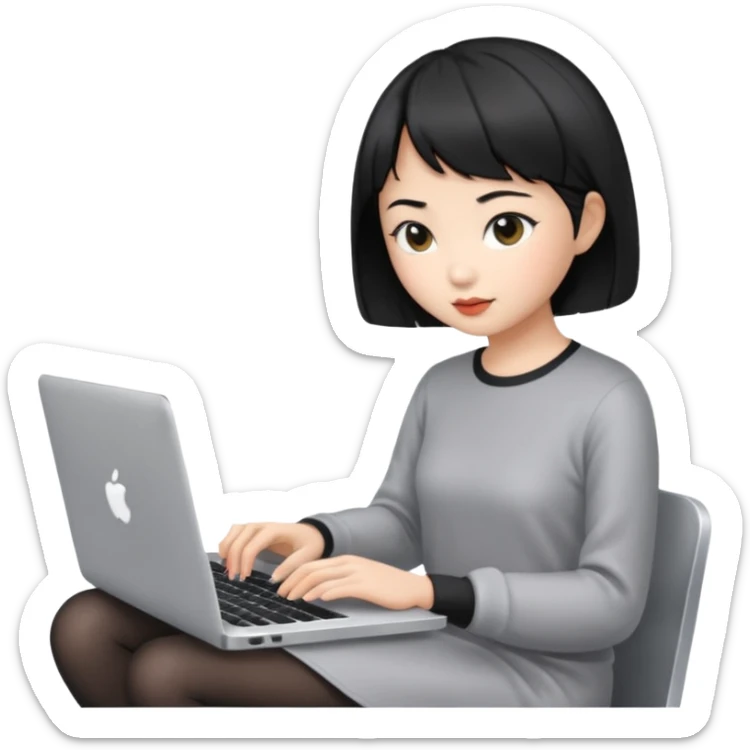Asian girl with black short hair typing on Mac laptop sticker