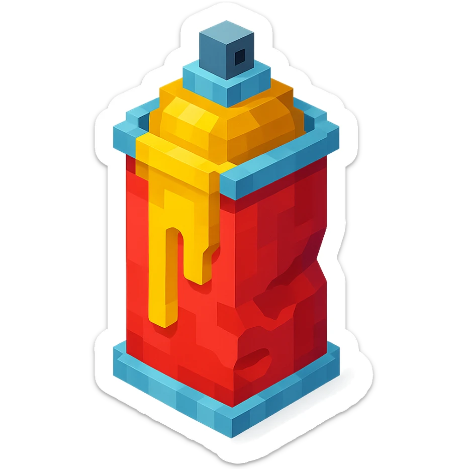 voxel style spray paint can with gold paint, dented and used, isometric view sticker