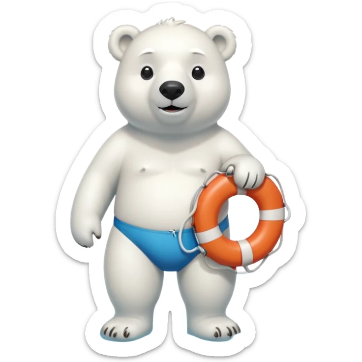 full body friendly anthropomorphised polar bear wearing swim shorts, life buoy around waist, swim goggles, standing with water pooled around feet sticker